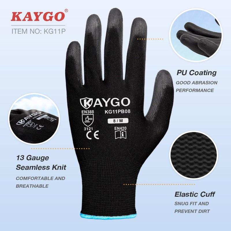 KAYGO Safety Work Gloves PU Coated,12 Pairs KG11PB Seamless Knit Glove for Men and Women, with Smooth Grip on Palm and Fingers, Ideal for General Duty Work (Medium, Black) - Image 2